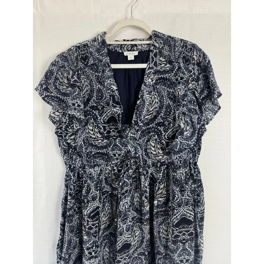 Sundance Blue White Print Dress Boho Flutter Sleeve Pockets L - Picture 2 of 7